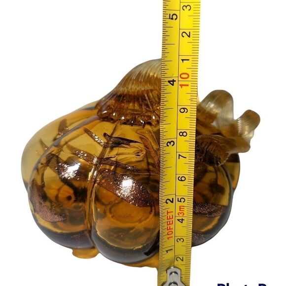 Hand Blown Art Glass Gourd Pumpkin Amber Curly Stem Gold Streaks Halloween Fall - Picture 7 of 7